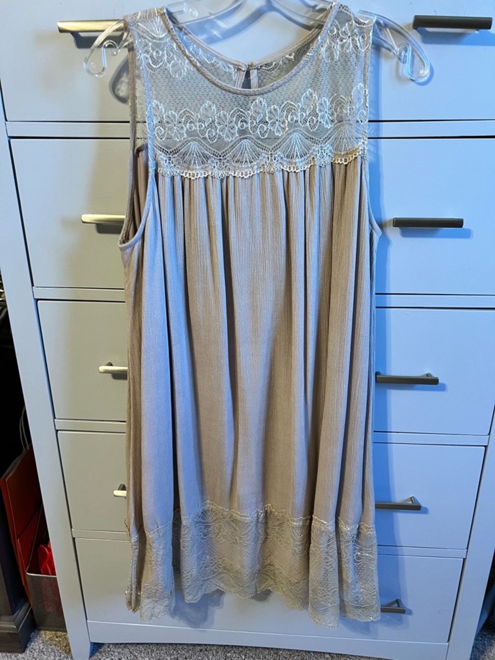 Sleeveless Lace-Yoke Swing Dress in Taupe